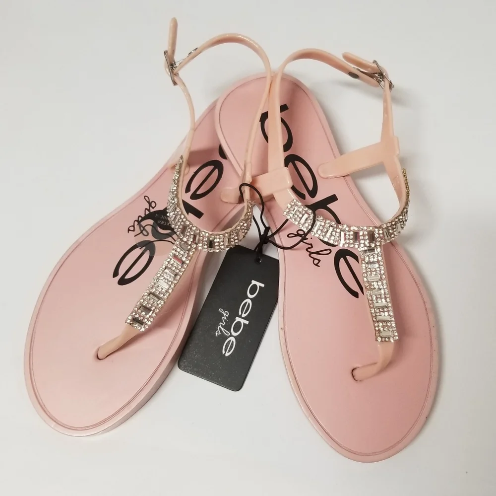 Bebe Girl's Blush T-Strap Slingback Sandals with Sparkly Rhinestones L 2-3